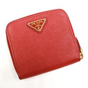 Prada Bifold Wallet Zip Around Saffiano Leather Red